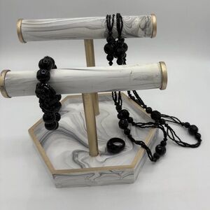 Black Onyx Style Jewelry Lot Long Chain Necklace Ring Bracelet Heavyweight